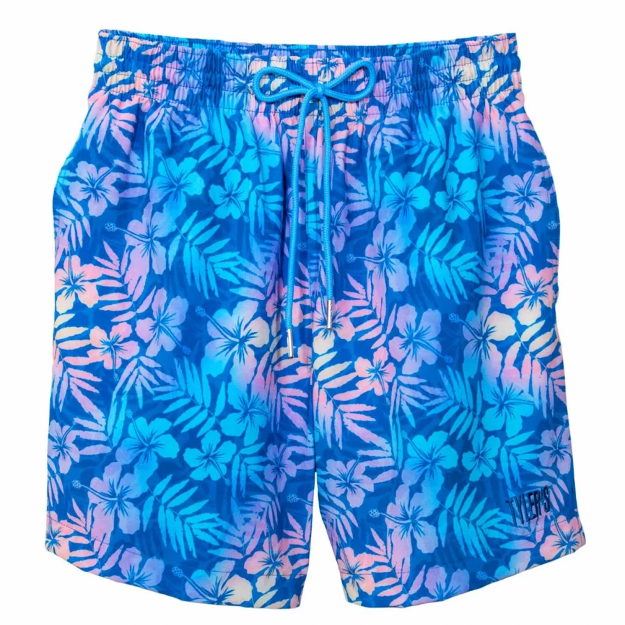Men's Blue Floral Volley Shorts by Tyler - Faded Vintage Design for Comfort & Style