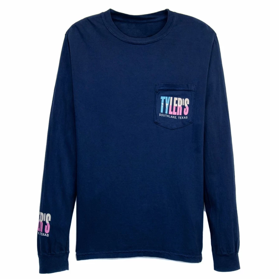 "Men's Long Sleeve Comfort Colors Pocket T-Shirt with Texas Flag Print in Navy and Pastel"