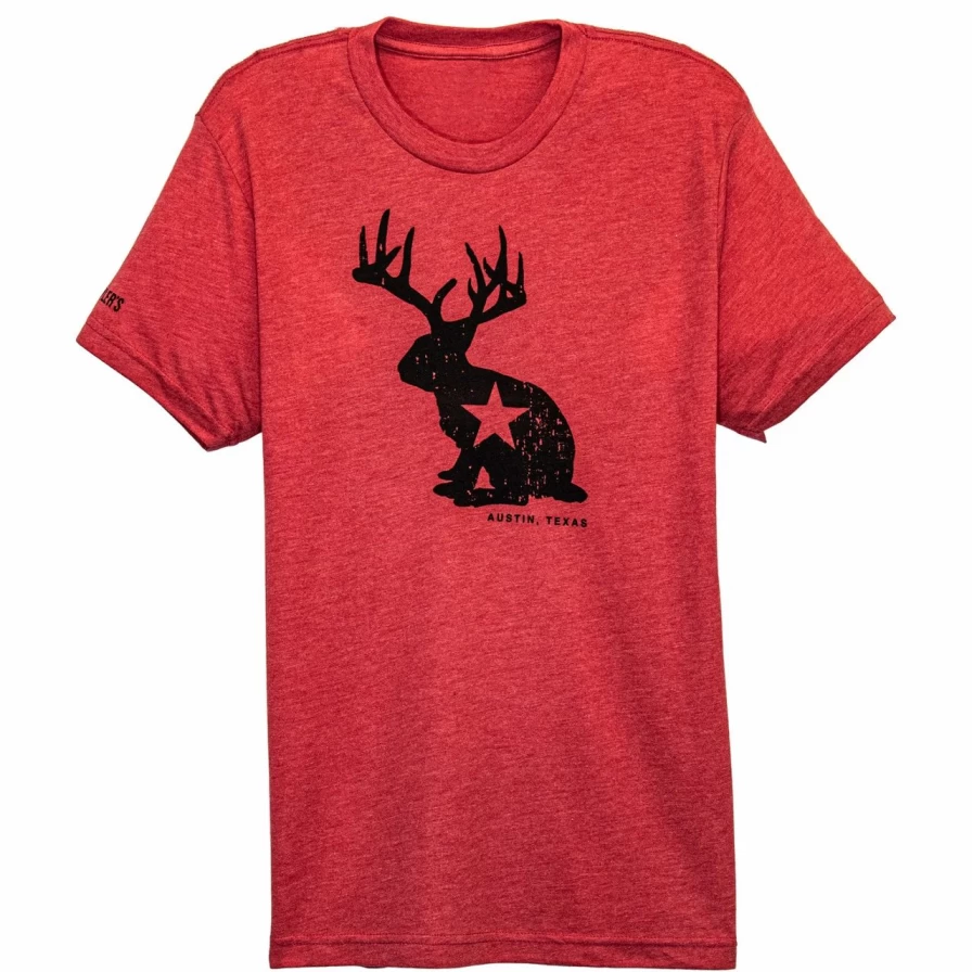 Austin Jackalope Graphic Tee in Heather Red - Soft Vintage Style T-Shirt