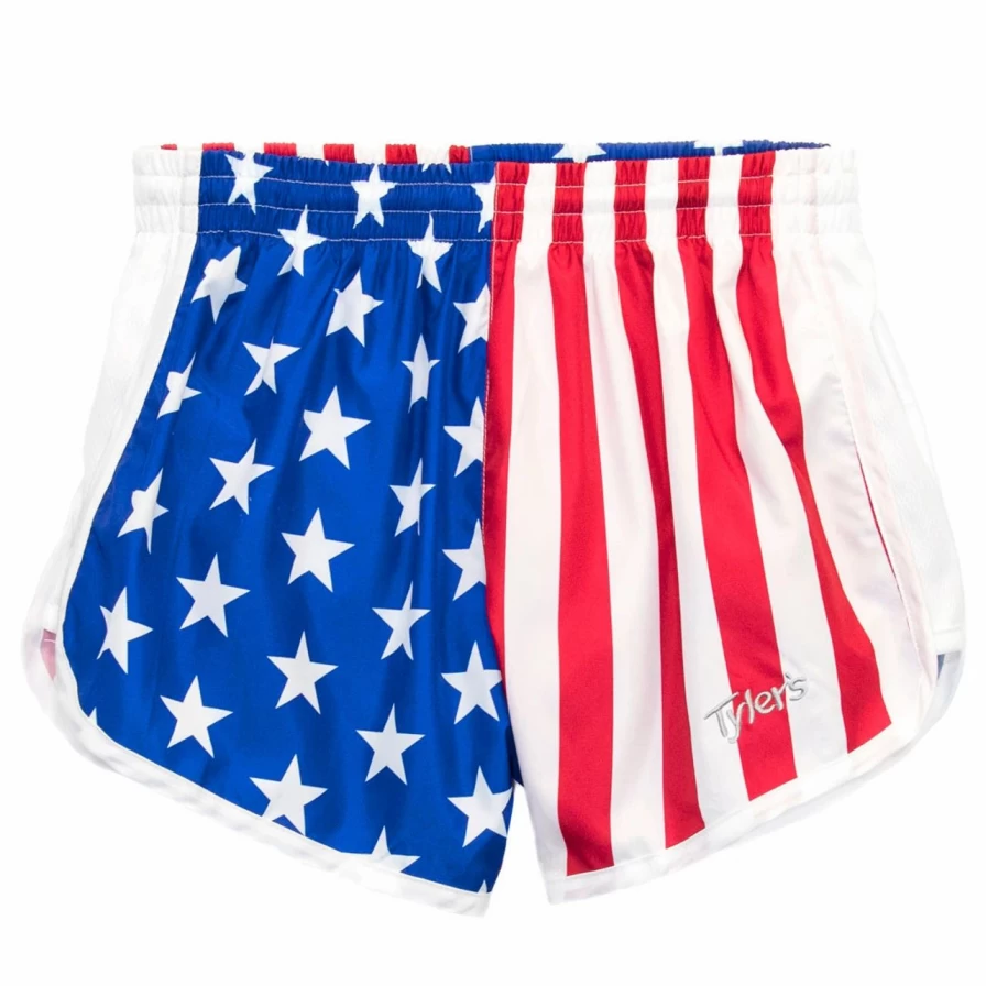 "Patriotic Women's Racer Shorts - Red, White & Blue American Flag Design"