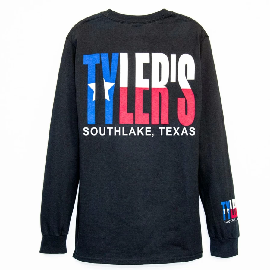 "Tyler's Texas Flag Graphic Long Sleeve T-Shirt - Black Southlake Style Tee"
