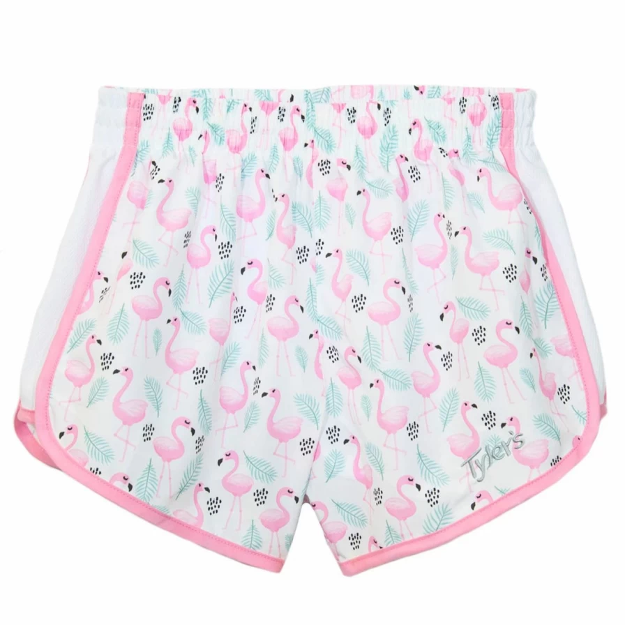 Women's Flamingo Print Racer Shorts - White & Pink Athletic Running Shorts