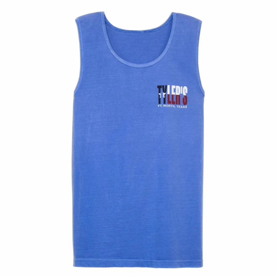 "Comfort Colors Blue Texas Flag Tank Top - Tyler's Ft. Worth Graphic Muscle Tee"