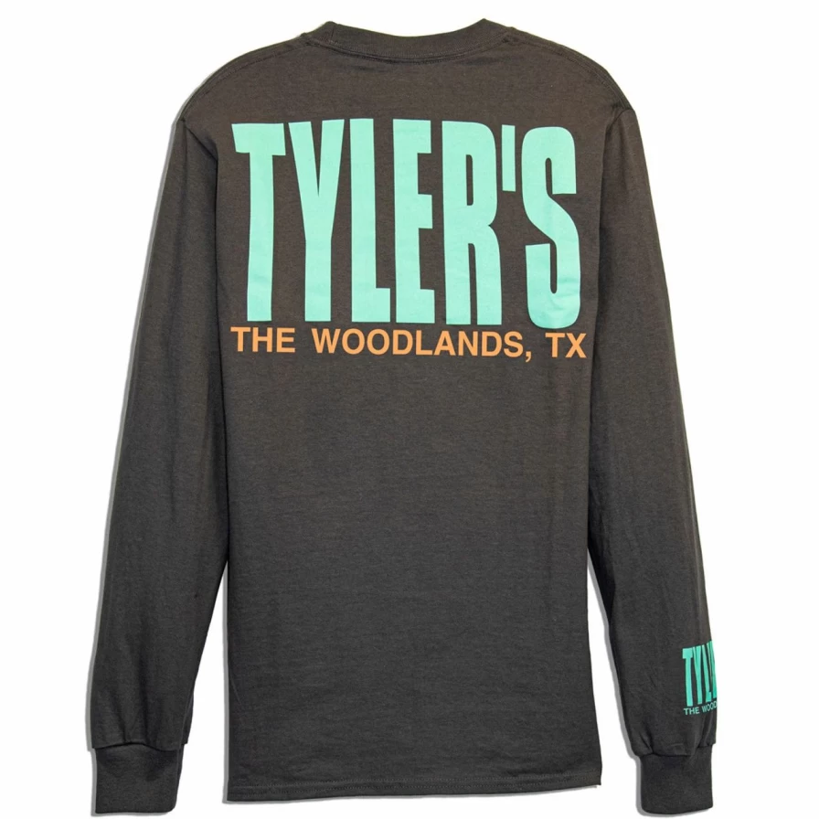 Men's Long Sleeve Charcoal and Mint Graphic Tee - The Woodlands Casual Crewneck Shirt