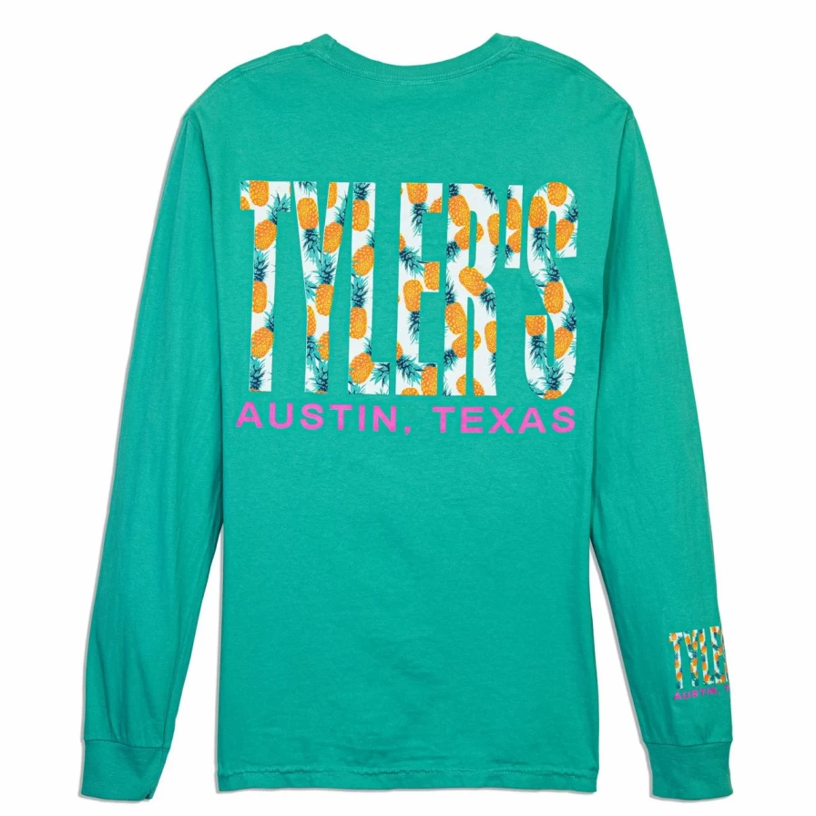 "Men's Long Sleeve Pocket T-Shirt in Island Green with Pineapple Print - Comfort Colors Style"