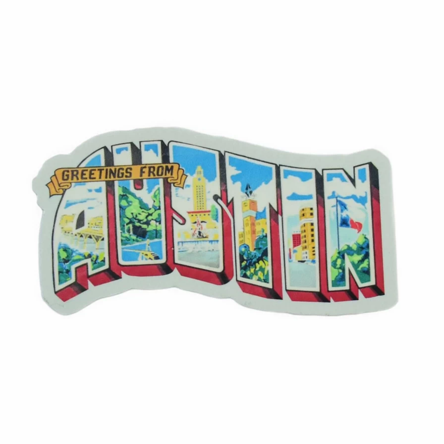 "Vintage Greetings From Austin Sticker - Multi-Color Design on Oat Background"