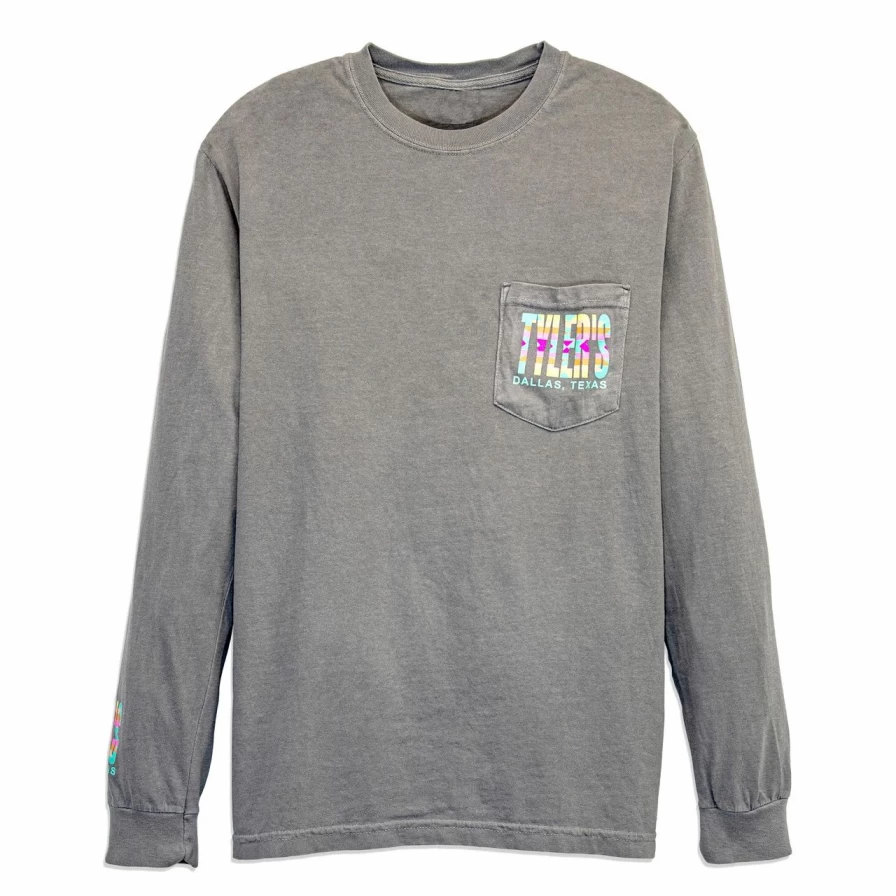 Men's Long Sleeve Aztec Print Pocket T-Shirt - Grey & Pastel Tribal Design Comfort Colors Crewneck Tee