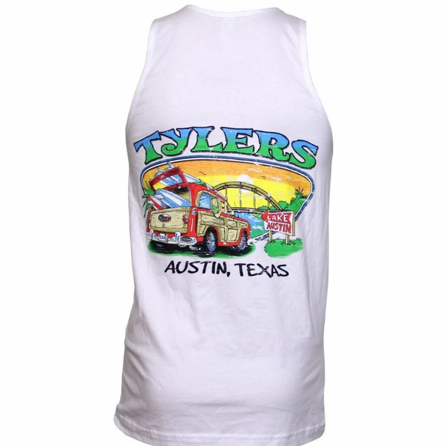 "Vintage Austin Woody Wagon Graphic White Tank Top - Retro Style Sleeveless Shirt"