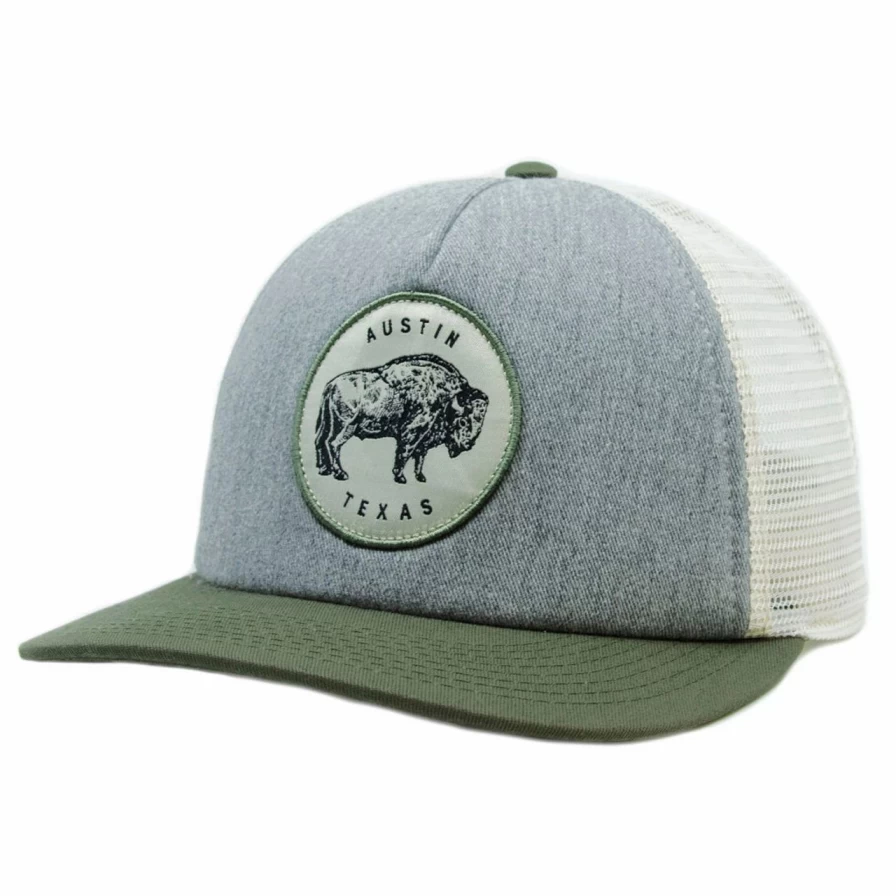 "Stylish Buffalo Trucker Hat in Grey Heather, Stone & Olive – Austin, Texas Inspired Design"