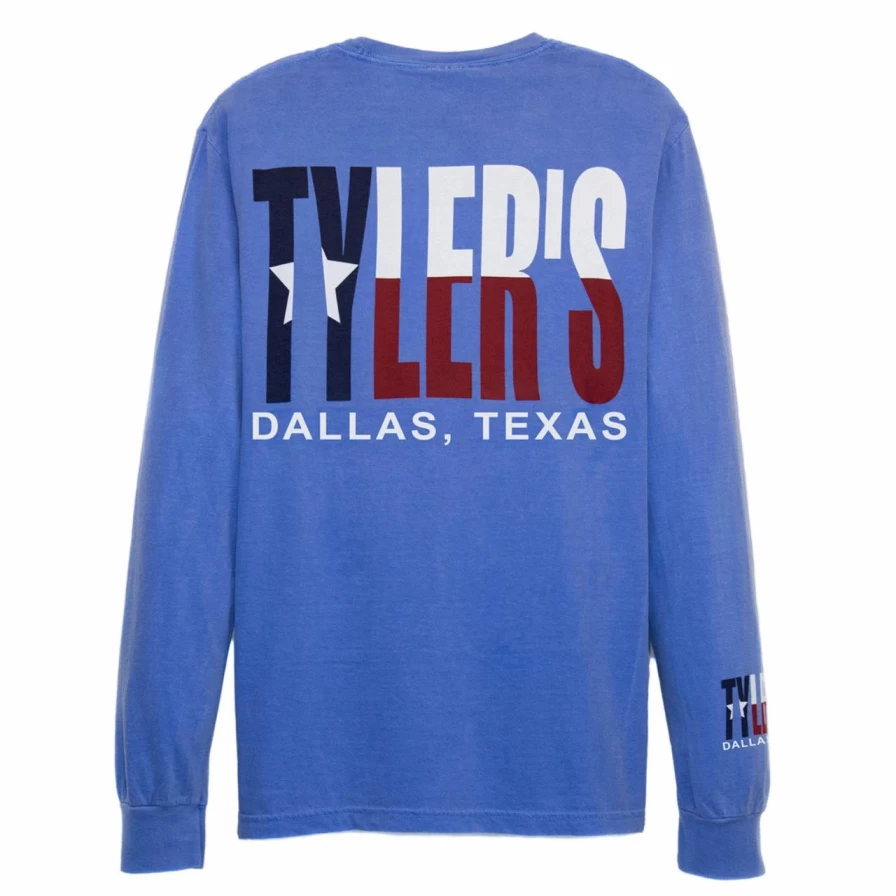 "Men's Long Sleeve Comfort Color Pocket T-Shirt with Texas Flag Print - Blue Dallas Style"