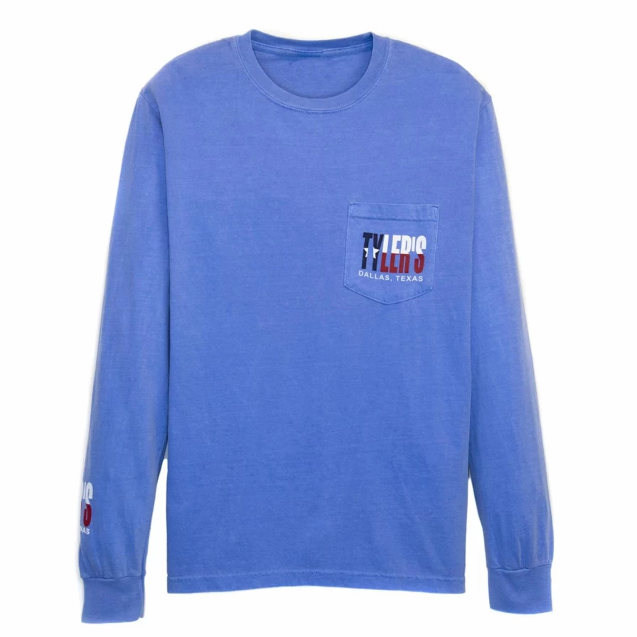 "Men's Long Sleeve Comfort Color Pocket T-Shirt with Texas Flag Print - Blue Dallas Style"