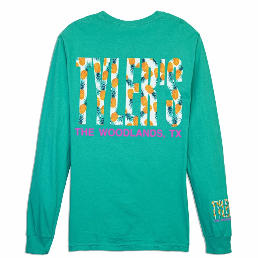 Men's Long Sleeve Pineapple Print Pocket T-Shirt in Island Green - Comfort Colors Vintage Style Tee