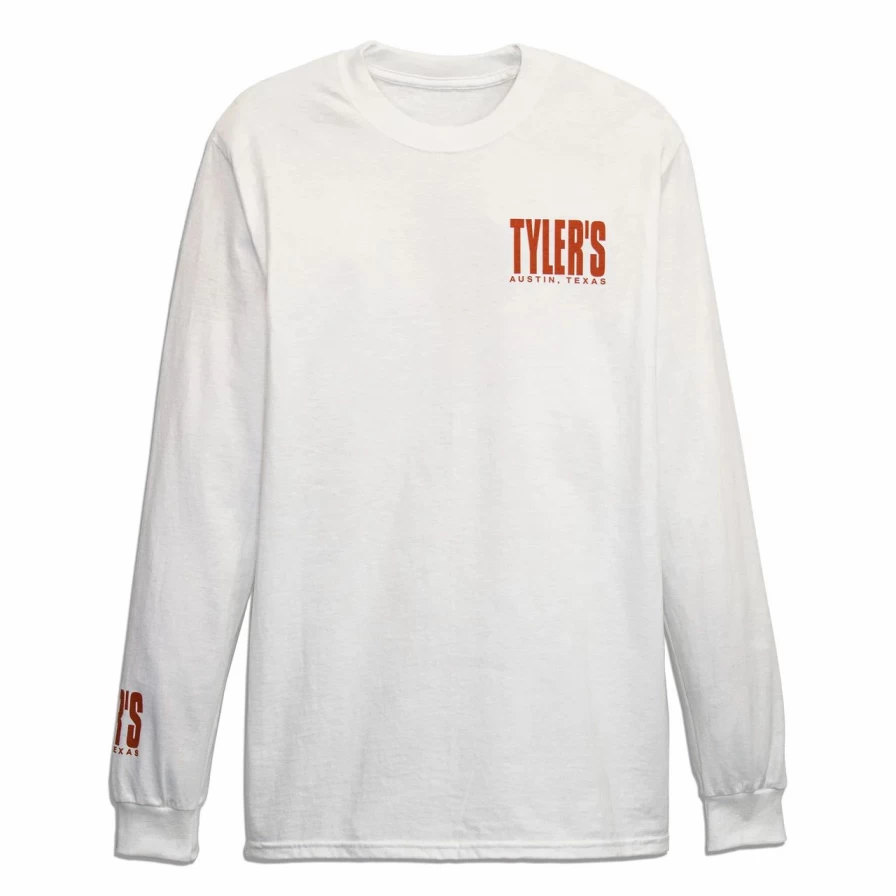 Men's Long Sleeve Graphic T-Shirt - White & Burnt Orange Casual Tee - Austin Inspired Design