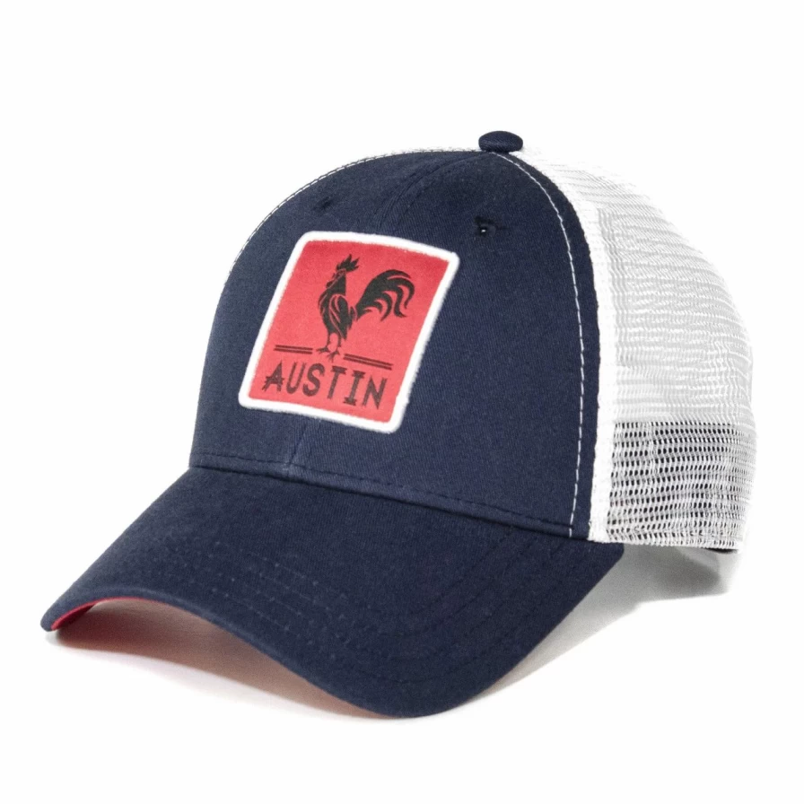 Vintage Navy and White Rooster Embroidered Trucker Hat - Adjustable Snapback Cap