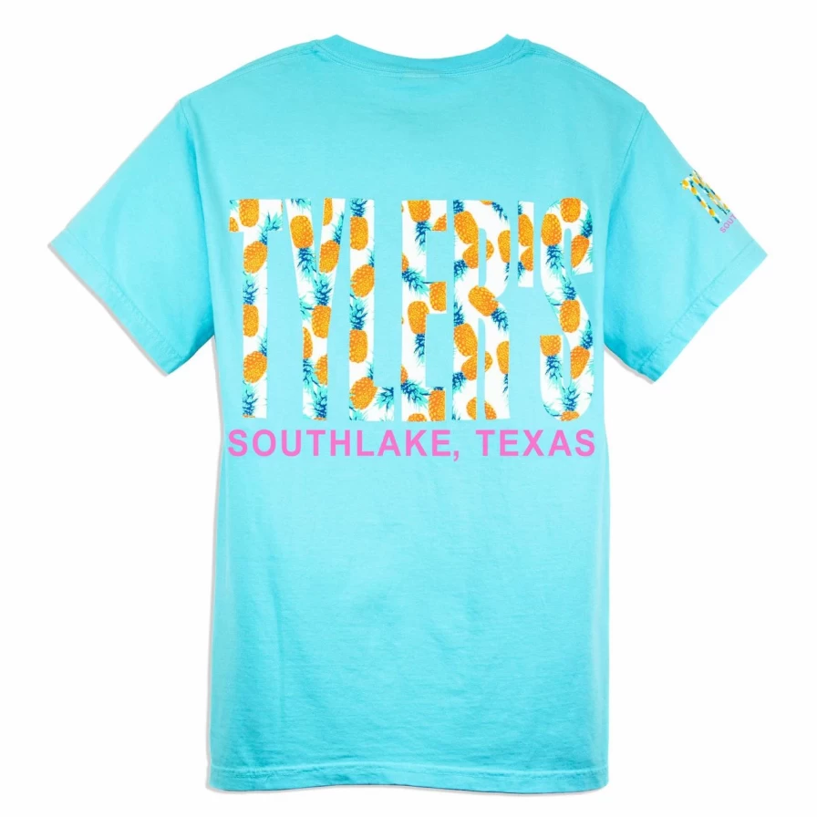 "Tyler's Comfort Color Pocket T-Shirt - Soft Vintage Tee in Lagoon & Pineapple Design"