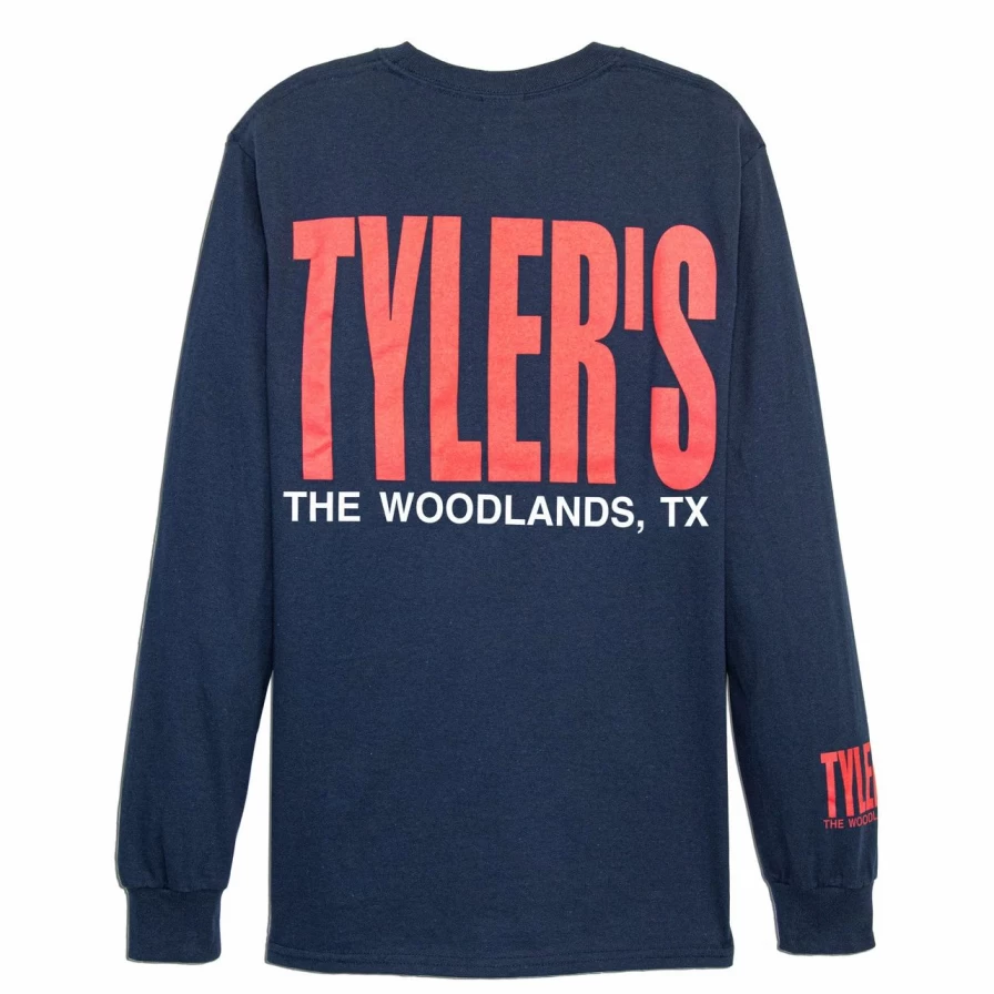 Men's Long Sleeve Graphic T-Shirt Navy Red White Striped Casual Top The Woodlands Tyler's Collection