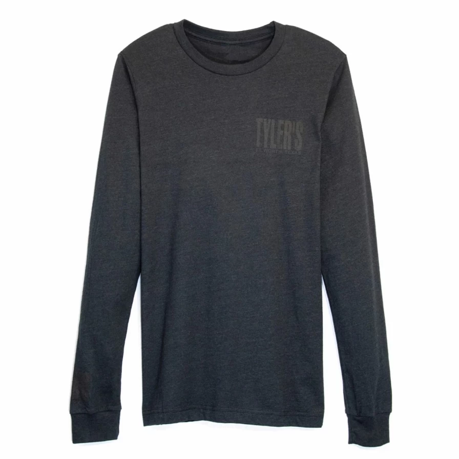 "Men's Long Sleeve Black Heather Crewneck Track Tee - Comfortable Athletic Fit Casual Shirt"