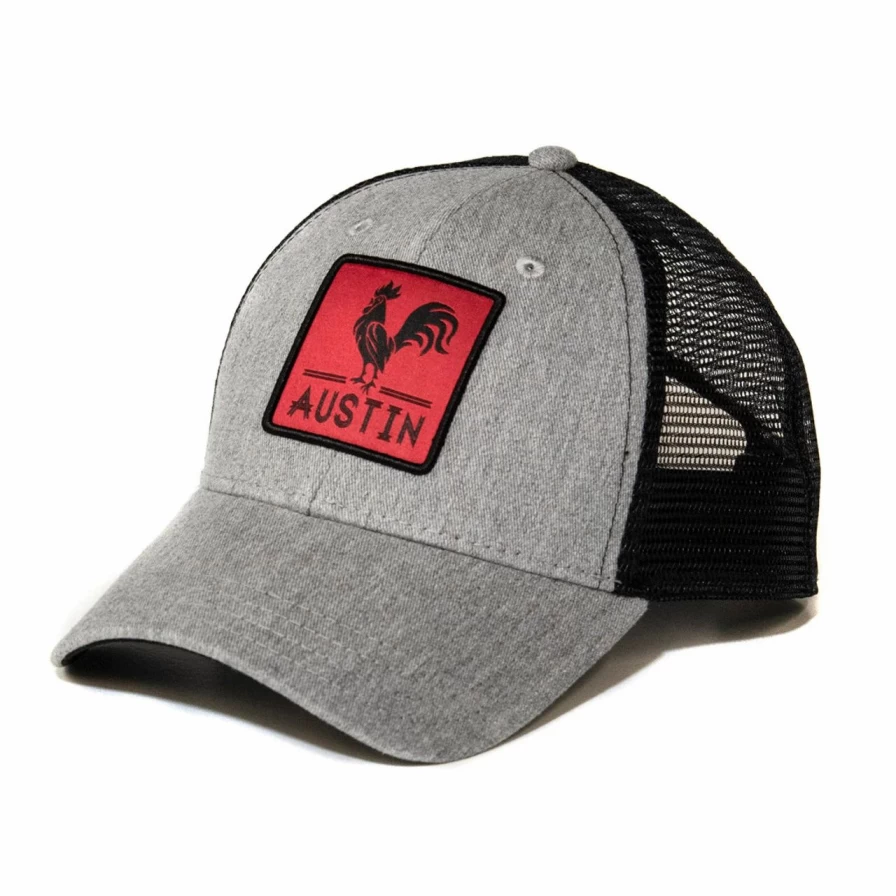 Vintage Grey and Black Austin Rooster Embroidered Trucker Hat Snapback Cap
