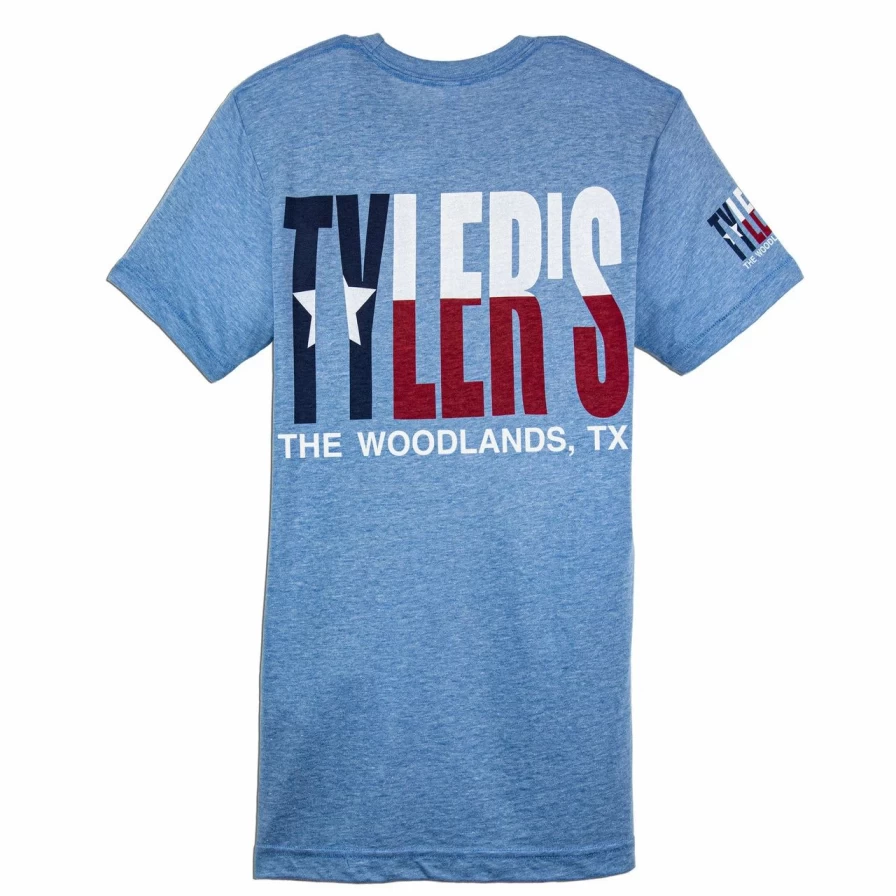 "Texas Flag Blue Track Tee - Stylish Tyler's The Woodlands T-Shirt"