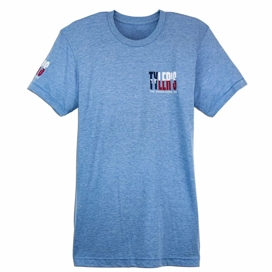 "Texas Flag Blue Track Tee - Stylish Tyler's The Woodlands T-Shirt"