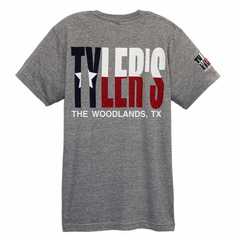 "Stylish Grey and Texas Flag Track Tee - The Woodlands Vintage-Inspired T-Shirt"