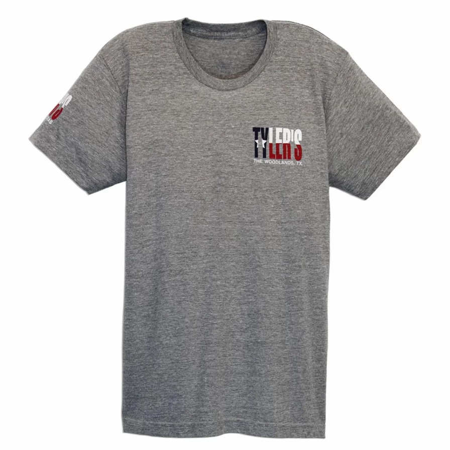 "Stylish Grey and Texas Flag Track Tee - The Woodlands Vintage-Inspired T-Shirt"