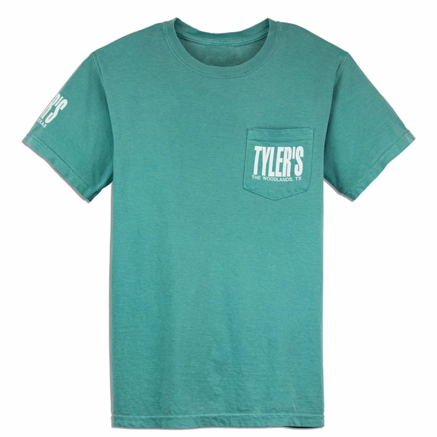 "Vintage Washed Comfort Color Pocket T-Shirt in Seafoam Green and White"