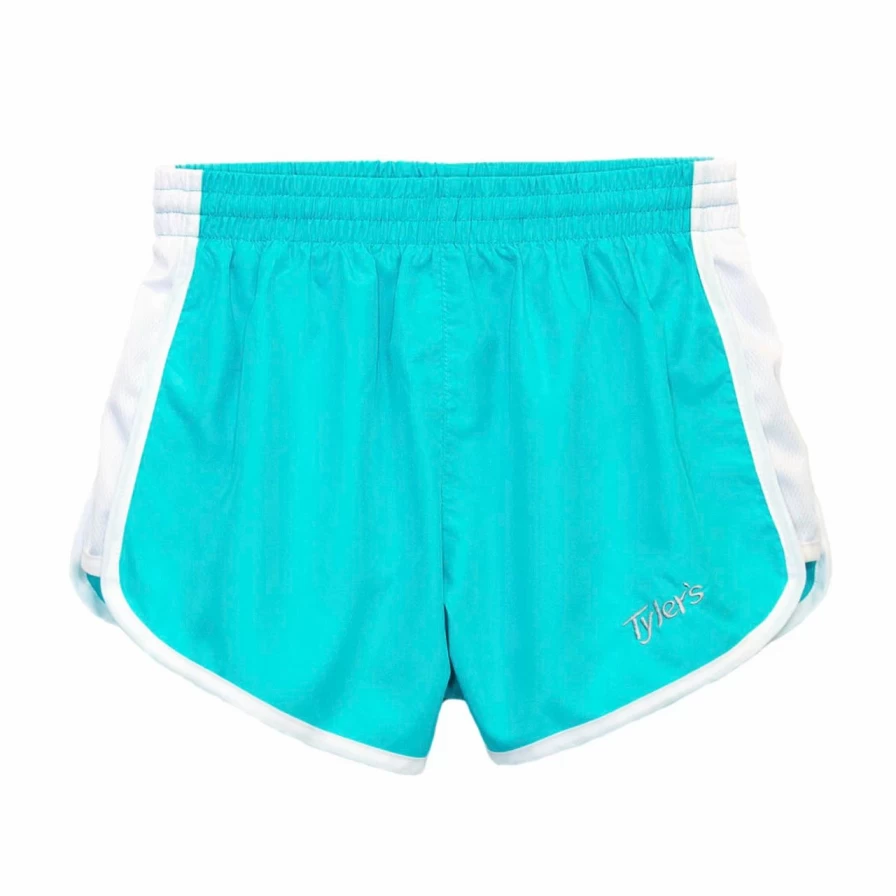 "Girls' Athletic Teal Blue and White Racer Running Shorts for Active Kids"
