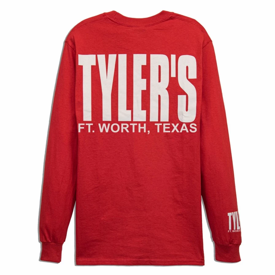 "Stylish Red and White Long Sleeve T-Shirt Featuring Ft. Worth Design"