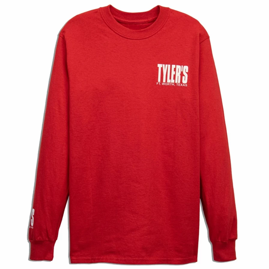 "Stylish Red and White Long Sleeve T-Shirt Featuring Ft. Worth Design"