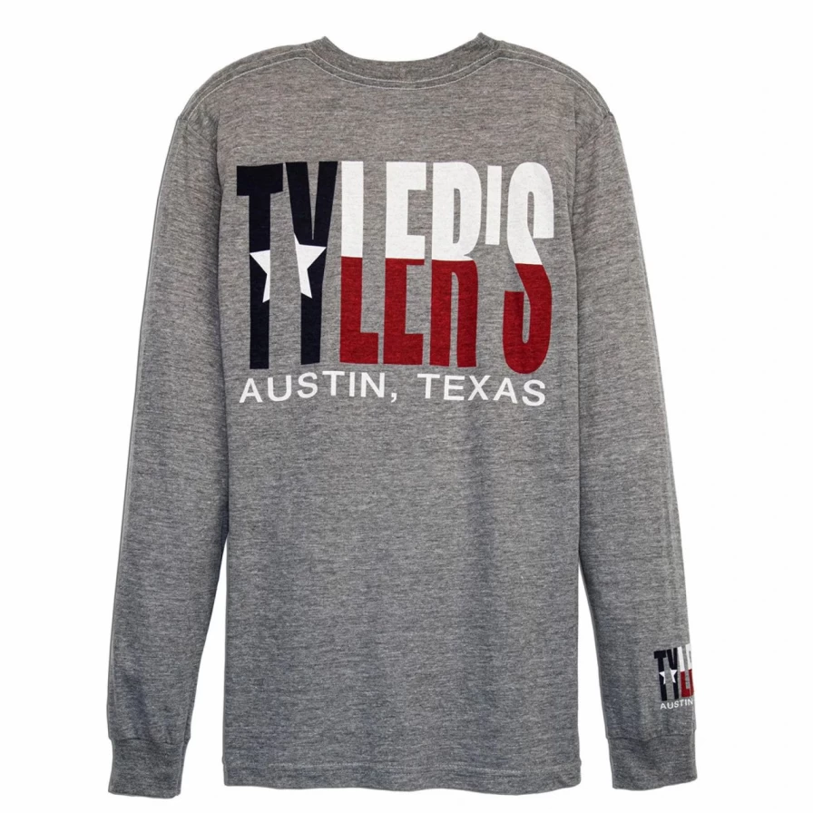 "Tyler's Texas Flag Long Sleeve Track Tee - Grey Austin Graphic Pullover"