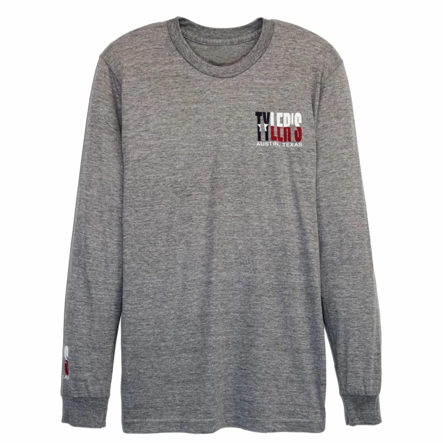 "Tyler's Texas Flag Long Sleeve Track Tee - Grey Austin Graphic Pullover"