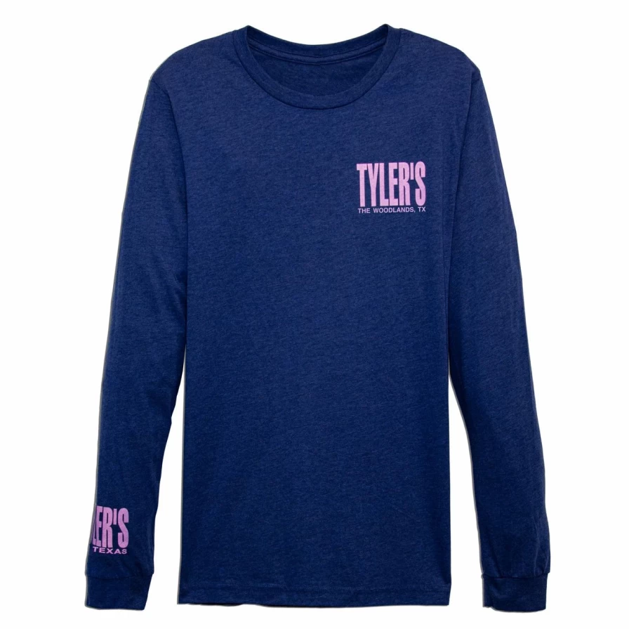 Men's Heather Navy & Panther Pink Long Sleeve Crewneck Track Tee - The Woodlands Athletic Style
