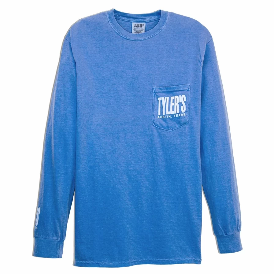 Men's Long Sleeve Comfort Color Pocket T-Shirt in Blue - Relaxed Fit Casual Tee