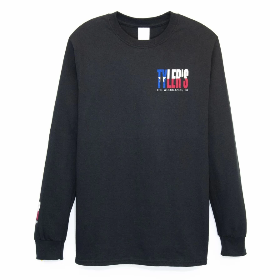 "Stylish Long Sleeve Texas Flag T-Shirt for Men - The Woodlands Vintage Design"