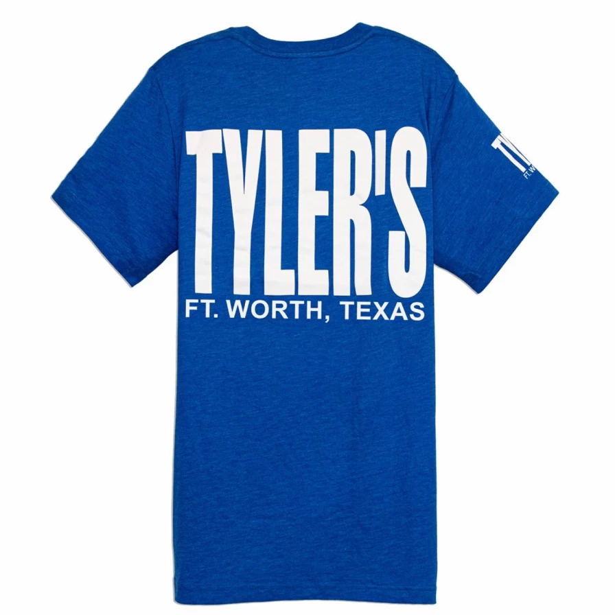 "Tyler's Blue and White Vintage Track Tee - Retro Ft. Worth Graphic T-Shirt"