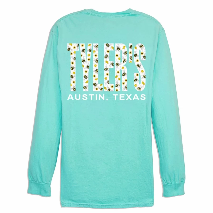 Tyler's Bee Comfort Color Long Sleeve Tee in Heather Sea Green with Bee Design - Austin Collection
