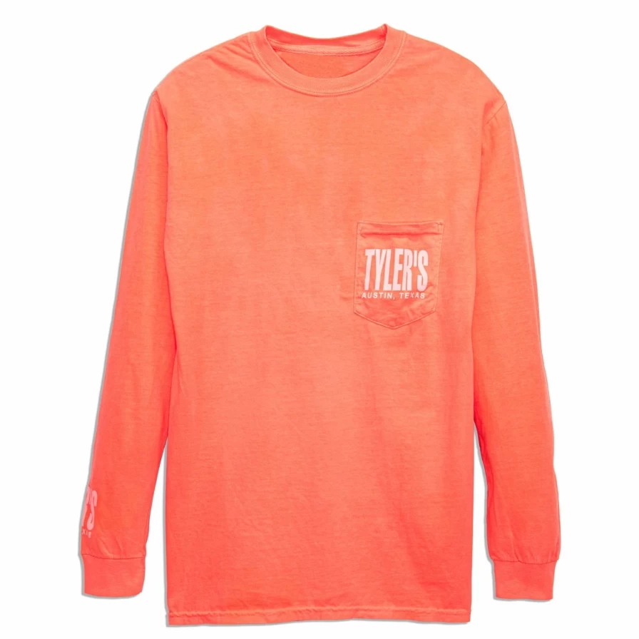 Men's Long Sleeve Neon Red Comfort Color Pocket T-Shirt - Soft Cotton Casual Tee with Chest Pocket