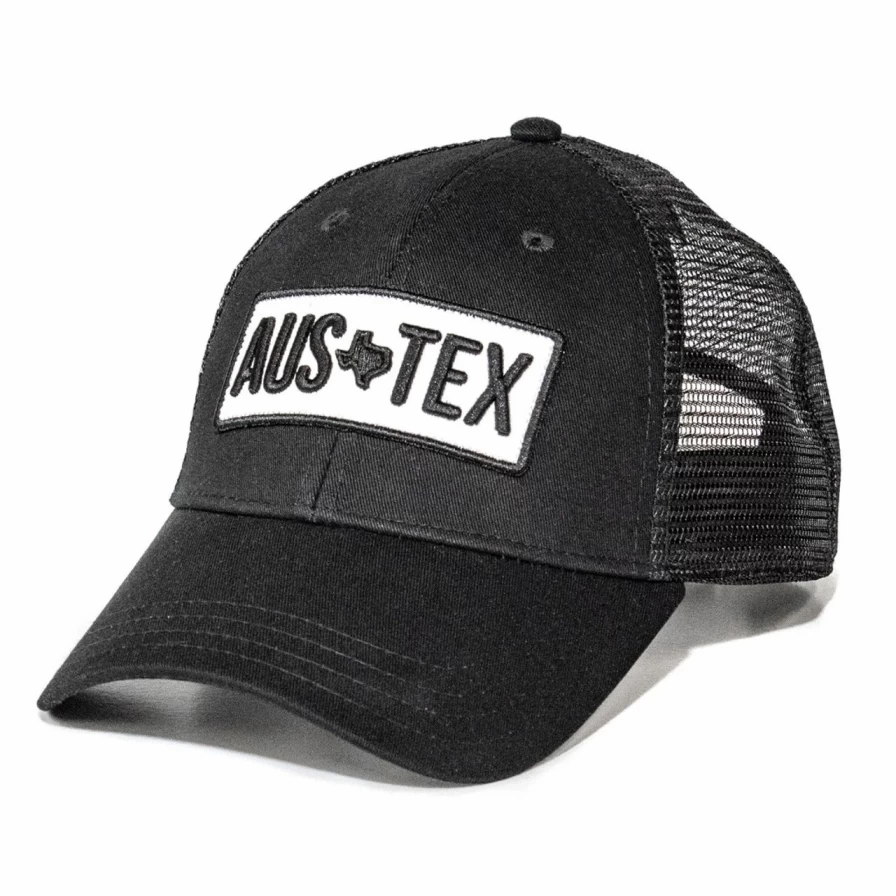 "Stylish Black Aus-Tex Trucker Hat - Adjustable Mesh Back Cap for Men & Women"