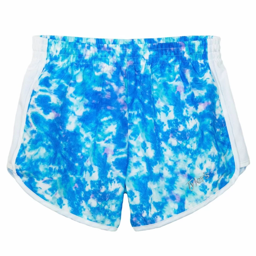 Women's Batik Blue/White Tie Dye Racer Shorts by Tyler's - Stylish Athletic Running Shorts