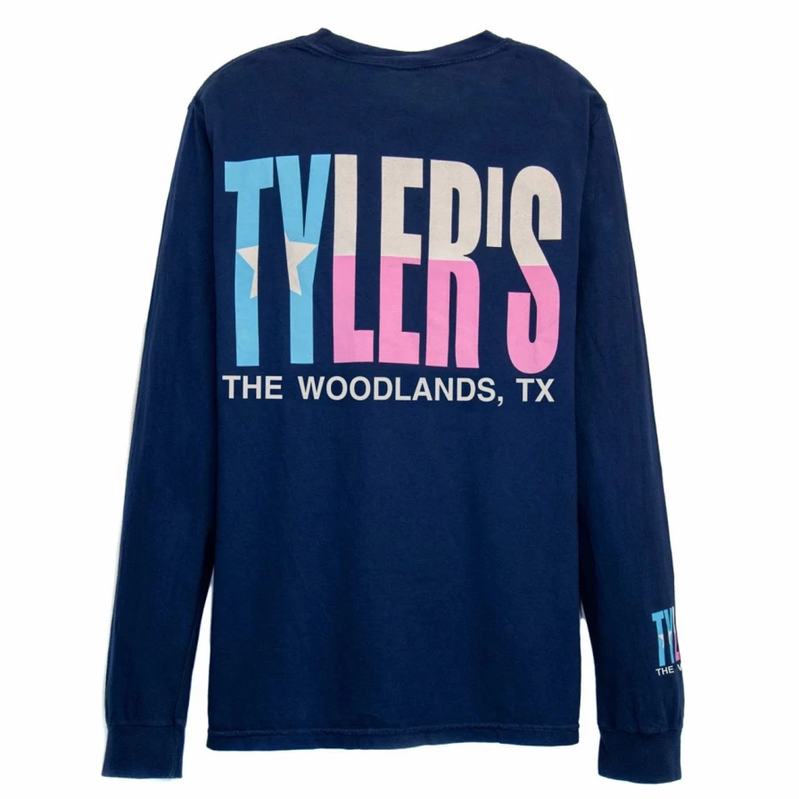 Men's Long Sleeve Comfort Color Pocket T-Shirt with Texas Flag Print in Navy and Pastel