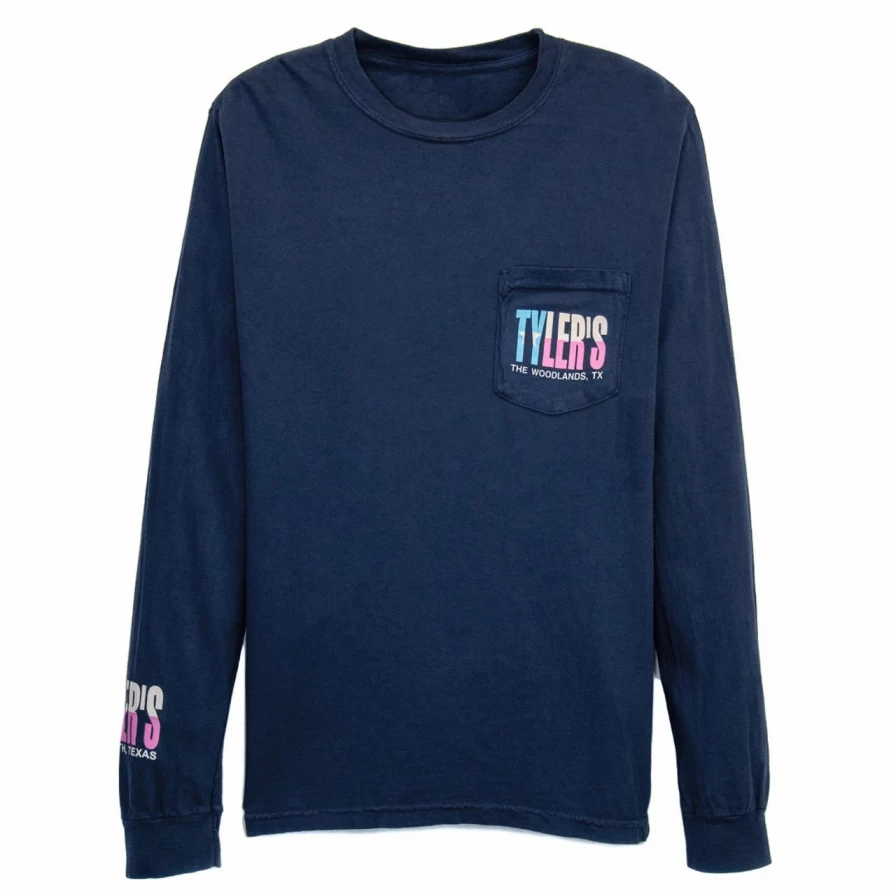 Men's Long Sleeve Comfort Color Pocket T-Shirt with Texas Flag Print in Navy and Pastel