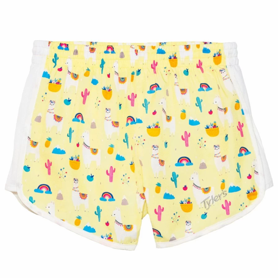 Women's Racer Shorts in Yellow Llama Print - Comfortable & Stylish Athletic Wear
