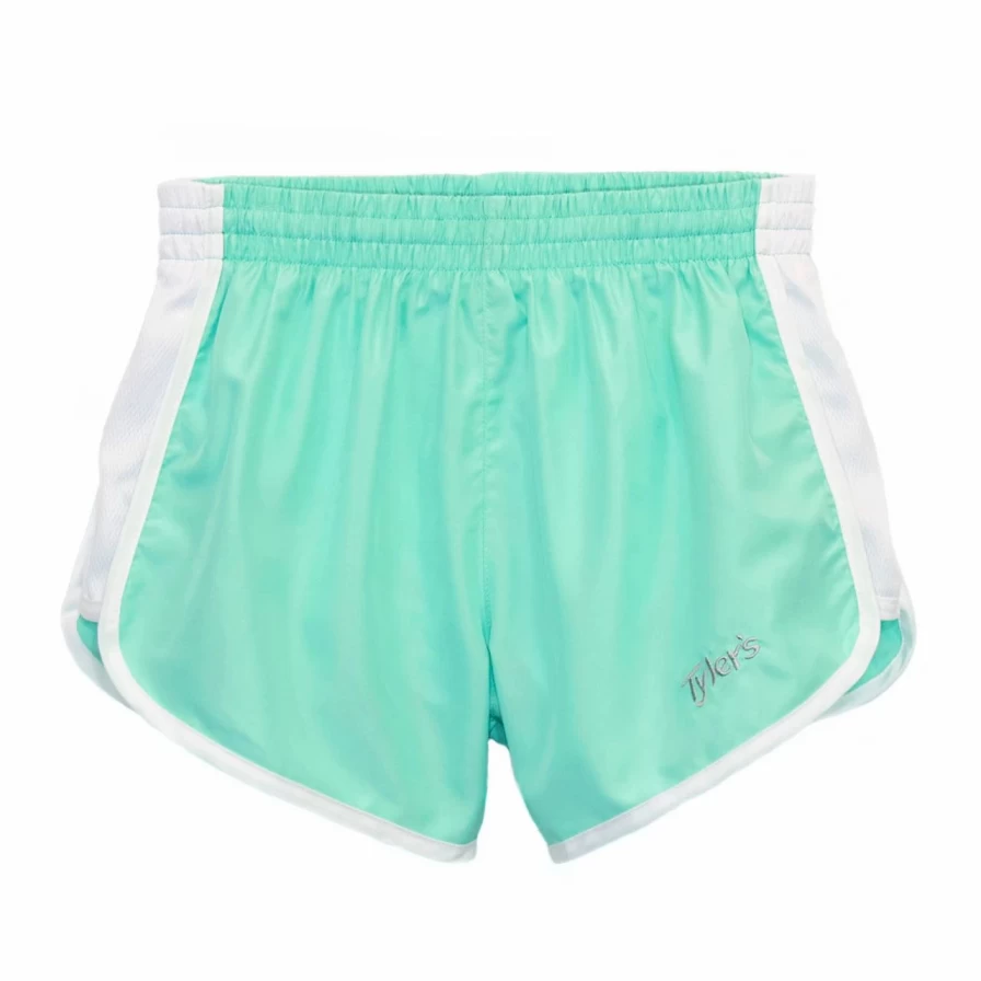 "Mint Green and White Racer Shorts for Girls – High-Waisted Athletic Running Shorts"