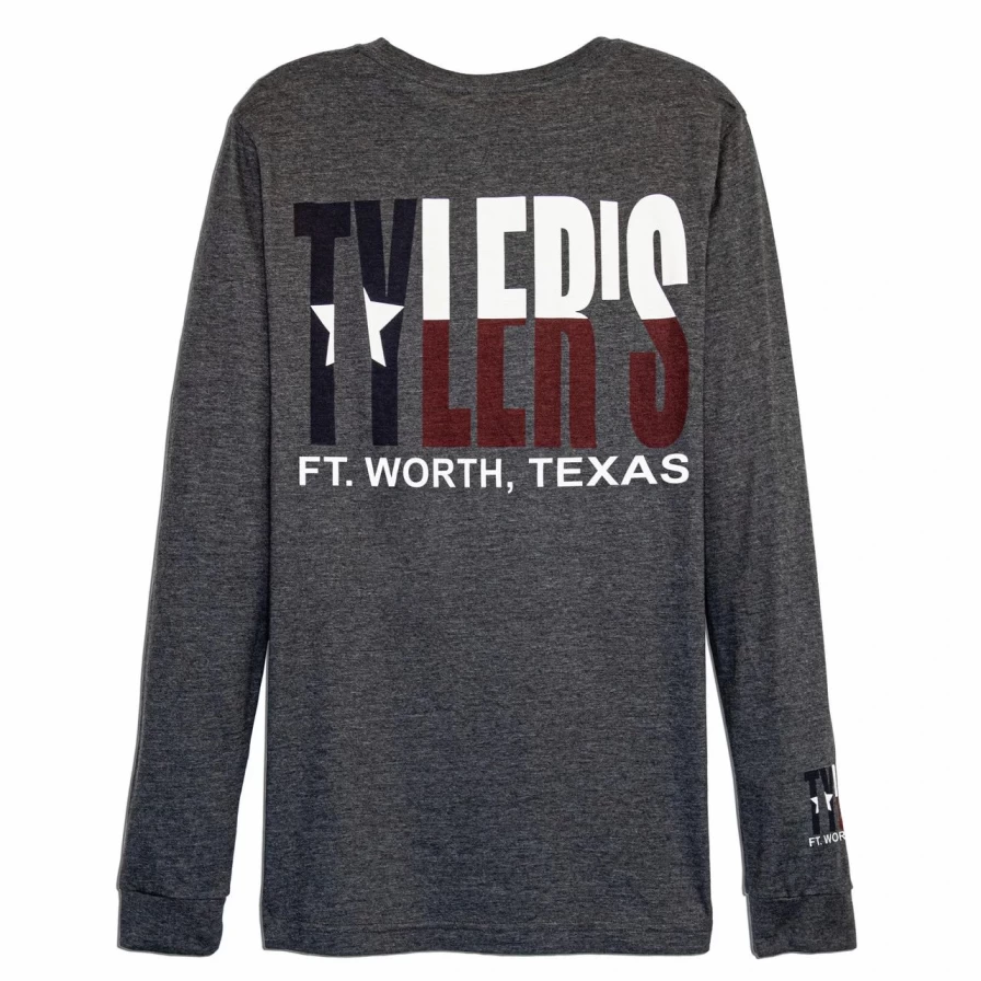 "Men's Long Sleeve Texas Flag Graphic Crewneck Tee - Dark Grey Heather Cotton Blend Casual Shirt"
