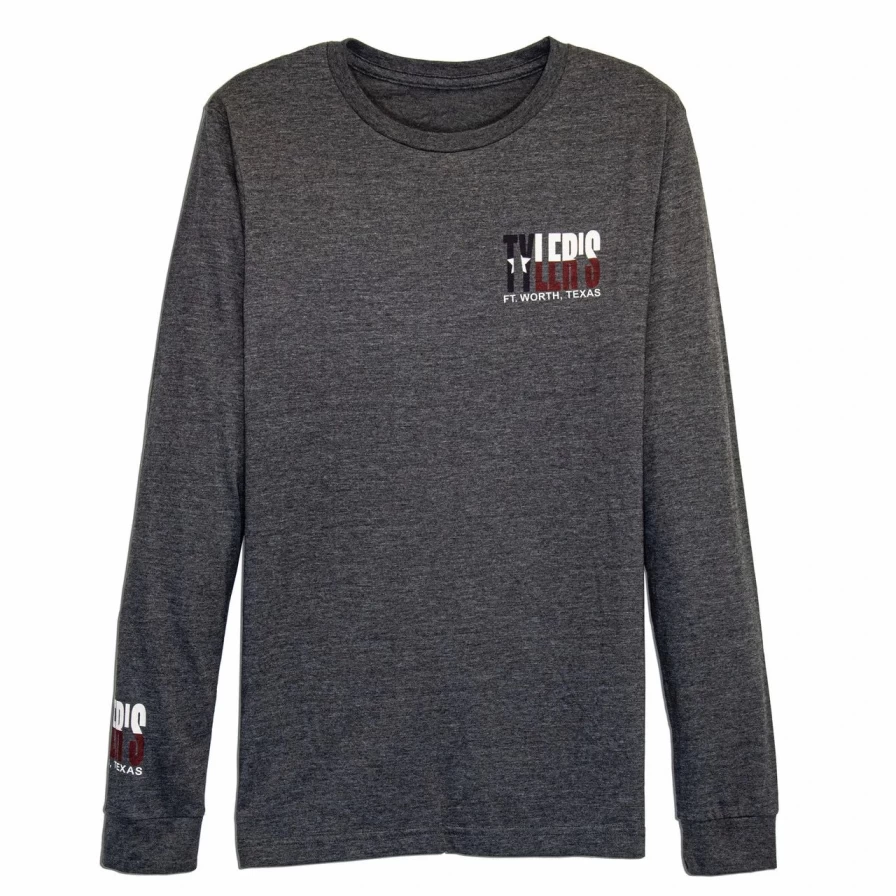 "Men's Long Sleeve Texas Flag Graphic Crewneck Tee - Dark Grey Heather Cotton Blend Casual Shirt"