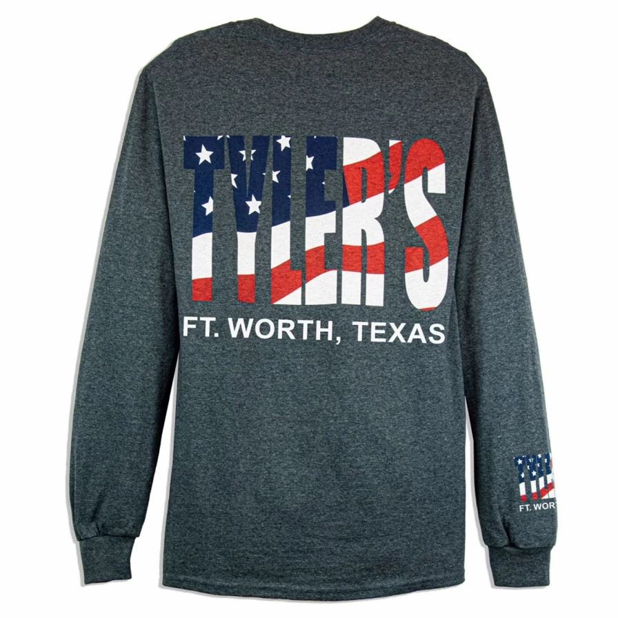 "Tyler's Patriotic Long Sleeve T-Shirt - Dark Heather with American Flag Print - Ft. Worth Style"