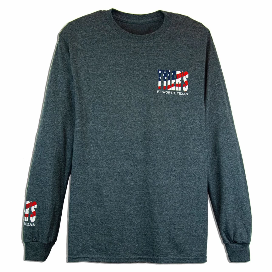 "Tyler's Patriotic Long Sleeve T-Shirt - Dark Heather with American Flag Print - Ft. Worth Style"
