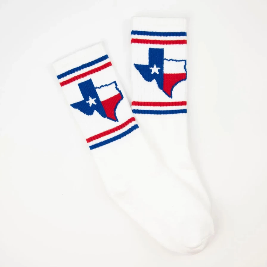 "Texas Shape Crew Socks - White with TX Flag Design Inside"