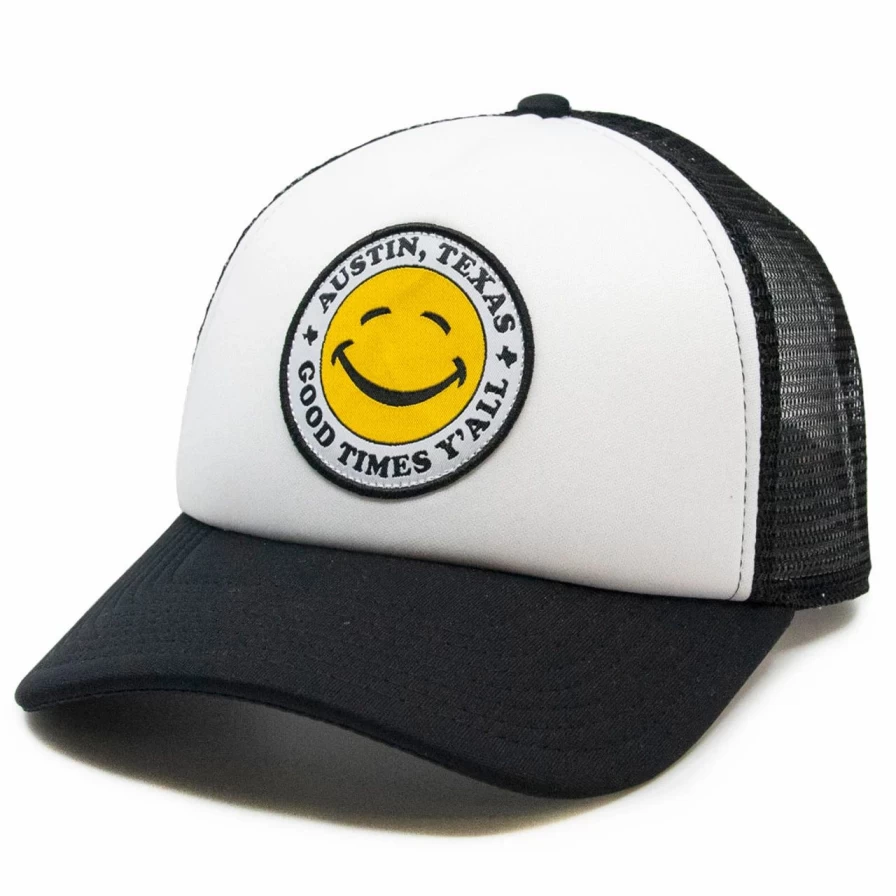 "Black & White Smiley Face Trucker Hat - Good Times Y'All Cap"